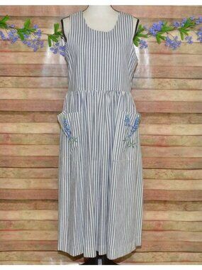 Handmade Jumper Dress Size M L Navy Striped Painted Floral Patch Pockets Modest